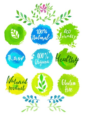 Set of watercolor green . Leaves, badges, branches wreath, plants elements. Hand drawn painting. Sign label,textured emblem set. Organic design template.のイラスト素材