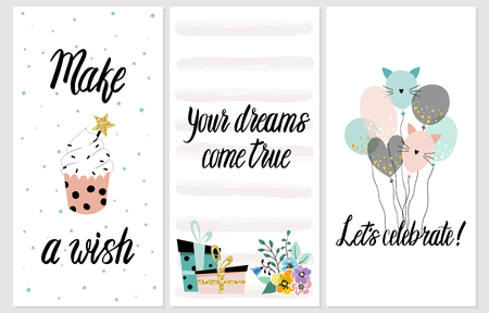 Happy Birthday Party cards set with cake, cupcake, topper, candles and lettering text. Vector hand drawn illustration.のイラスト素材