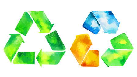 Watercolor green recycle icon and watercolore recycled water icon. Hand drawn recycle and recycled water sign.の写真素材
