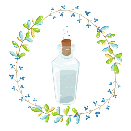 Magic illustration with fairy flowers wreath and a jar of blue water with stars. vector design for girls and children collectionsのイラスト素材