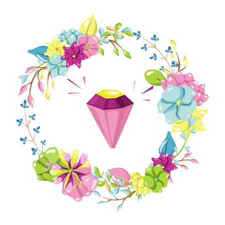 Magic illustration with fairy flowers wreath and a glowing diamond. Hand drawn vector design for girls and children collections のイラスト素材
