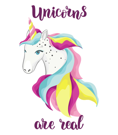 Watercolor vector hand drawn unicorn. Cute cartoon character illustration. Unicorns are real lettering text.のイラスト素材