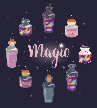Set of transparent glass bottles with liquid space and magic liquids. Cartoon jars with miracles. Vector hand drawn illustration.のイラスト素材