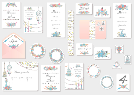 Watercolor wedding invitation cards suite with tender flowers and leaves. Hand drawn pastel flowers and plants.のイラスト素材