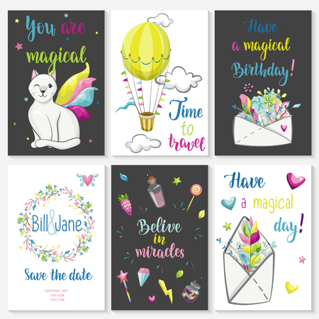 Fantastic magic cards collection. Inspirational posters with kind wishes, unicorns and other cute objects.のイラスト素材