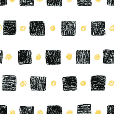 Abstract seamless scandinavian pattern. Hand drawn watercolor background with black squares and yellow polka dot circles. Pencils drawn  design print.のイラスト素材