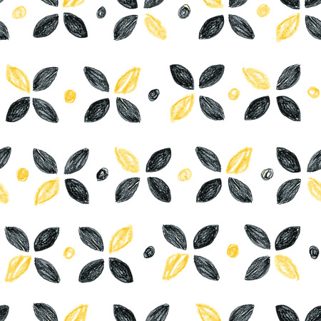 Abstract seamless scandinavian pattern. Hand drawn watercolor background with black and yellow polka dot circles and flowers. Pencils drawn design print.のイラスト素材