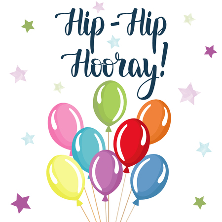 Happy Holiday banner. Greeting card with balloons. Birthday lettering text. Invitation to a party.  のイラスト素材