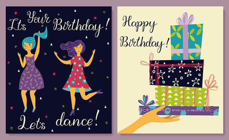 Cards set. Two girls dance in dresses at the birthday party. Hand with gifts and wishes of happiness. Birthday congratulations lettering.のイラスト素材