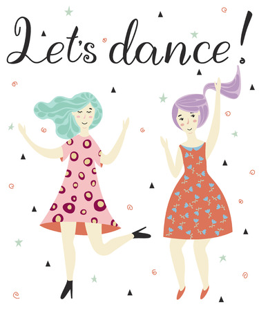 Girls dance in dresses at the birthday party. Let's dance lettering.のイラスト素材