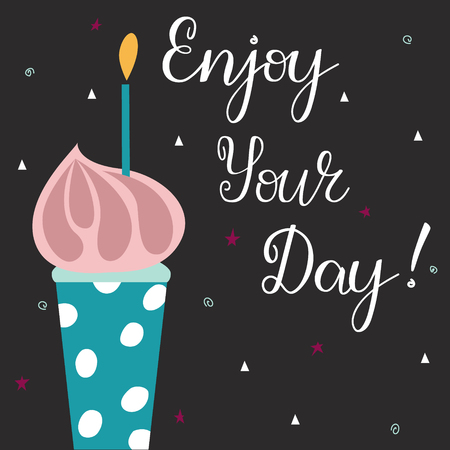 Birthday cupcake with a candle. Congratulation lettering text.のイラスト素材