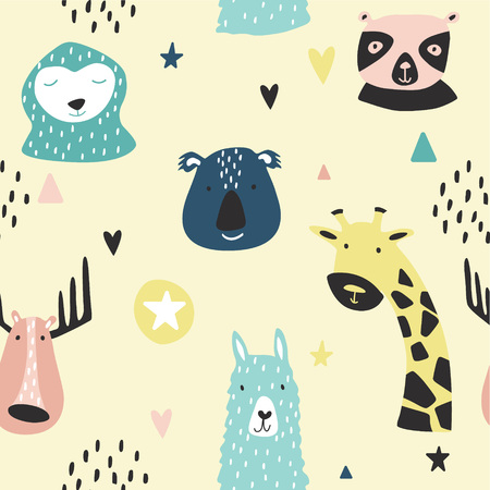 Safari baby animals seamless funny pattern. Vector kid print. Hand drawn doodle illustrations in scandinavian style.のイラスト素材