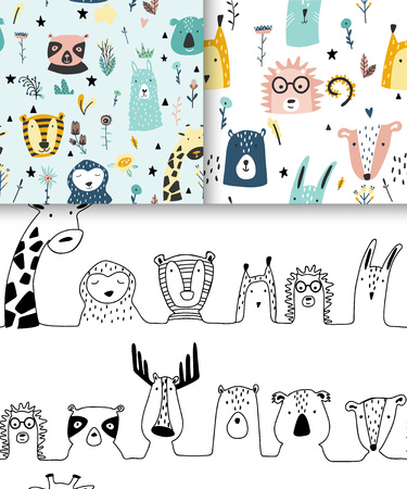 Safari baby animals seamless funny patterns collection. Set of vector kid print. Hand drawn doodle illustrations in scandinavian style.のイラスト素材