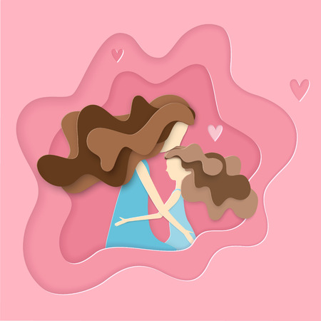 Mother and daughter hugging in pink background. Paper art style woman's day card. Happy family in mother's day.のイラスト素材