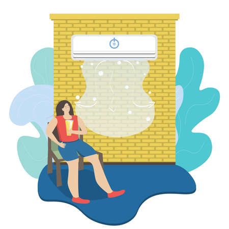 The girl is resting in the coolness of the house. Air conditioning for the house, apartment. Cooling systems. Fight against the summer heat with the help of technology. Isolated on white.のイラスト素材