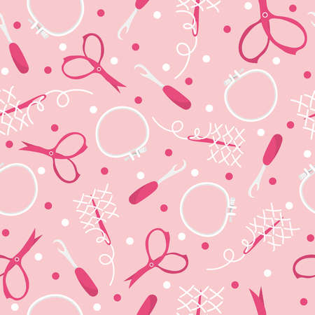 Vector seamless pattern with cross stitch tools. Pattern in white and pink colors. Cute girly pattern with a hobby theme. Applied art.のイラスト素材