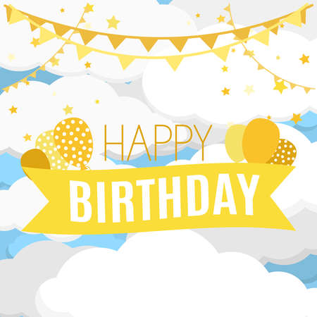 Happy birthday card on a background of blue sky and clouds. A postcard with yellow balloons and flags. Colorful children's birthday greeting card.のイラスト素材