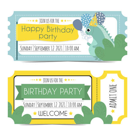 Children's birthday tickets with cartoon dinosaur and leaves. Invitations to a children's party for a boy or girl. Two ticket templates isolated on white background.のイラスト素材