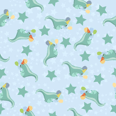 Seamless pattern with festive green dinosaurs and balloons. Pattern on a blue background with stars for printing, for children's party.のイラスト素材