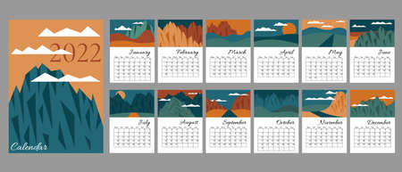 Abstract calendar for 2022 with stylized mountains in one color scheme. Vertical A4 calendar by months, week starts from Monday. Calendar with places for notes.のイラスト素材