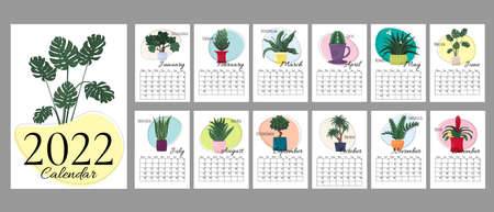White calendar for 2022 in vertical A4 format. Week starts on Monday. Calendar for 2022 by months with a cover, with color spots and home plants.のイラスト素材