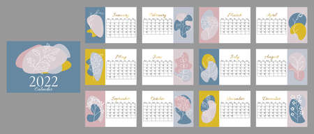 Abstract calendar for 2022 in horizontal A5 format. Week starts on Monday. Calendar for 2022 by months with cover, with trending color spots and line plants, gold gradient text.のイラスト素材