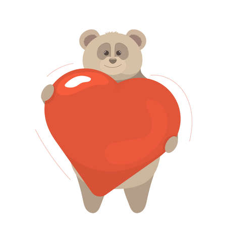 Cartoon bear with a big red heart in his paws. Valentine's Day card. Sweet declaration of love. Simple minimalistic postcard for February 14th. Isolated on white background without text.のイラスト素材