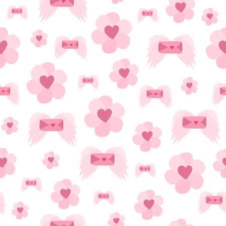 Vector seamless pattern for Valentine's Day. Romantic pattern on a white background with pink flowers and a love letter with wings. Hand-drawn elements in a flat style.のイラスト素材
