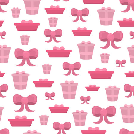 Vector seamless pattern for Valentine's Day. Romantic pattern on a white background with pink gift boxes and pink bows. Hand-drawn elements in a flat style.のイラスト素材