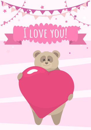 Baby card with a cute bear and a heart. Card for a girl in pink colors with stars and flags. I love you lettering. Flat style illustration in vertical format.のイラスト素材