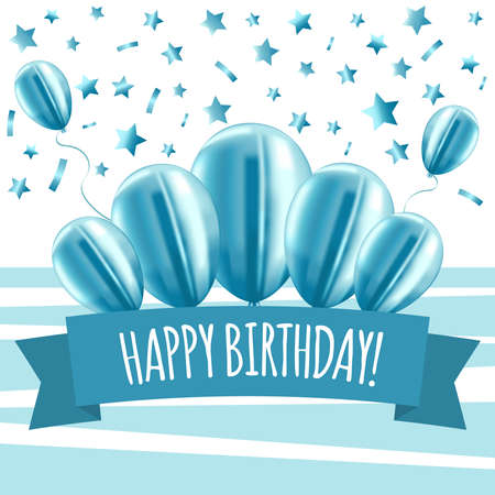 Happy birthday card in blue colors for boy, man. Greeting card with blue shiny balloons, stars and serpentine. Postcard in a square format.のイラスト素材