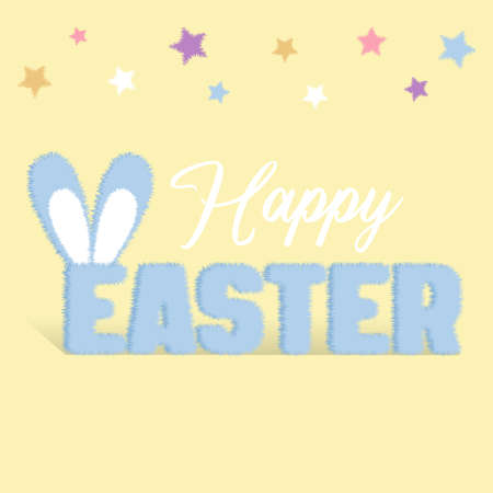 Postcard Happy Easter. Cute fluffy text with rabbit ears on a light yellow background with colorful fluffy stars. Square postcard in flat style.のイラスト素材