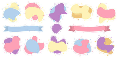 Set of abstract color spots, labels and sticker in trendy memphis style. isolated on white background. Bright color palette.のイラスト素材