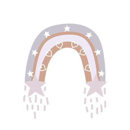 Cute rainbow in boho style with hearts and stars. Drawing by hand. Childish cartoon illustration isolated on white background. Neutral color palette.のイラスト素材