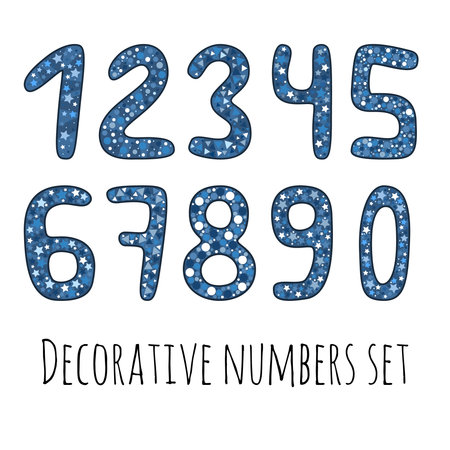 Set of decorative numbers in blue colors from 0 to 9. Numbers for kids isolated on white background.のイラスト素材