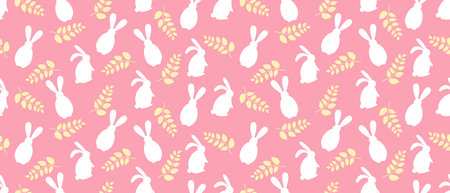 Delicate pink seamless pattern with white rabbits and yellow leaves. Easter horizontal rectangular pattern in a flat minimalistic style.のイラスト素材