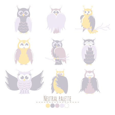 Set of 9 cute owls in different poses and colors. hand drawn. Childish cartoon illustration isolated on white background. Neutral color palette.のイラスト素材