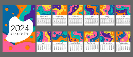 Abstract calendar 2024 in vertical A4 format. Week starts on Monday. 12 months and cover. Colorful calendar with geometric waves. Modern flat style. With place for notes. Isolatedのイラスト素材