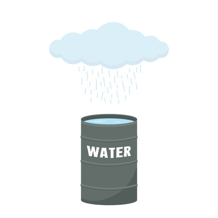 Large metal barrel for the accumulation of rainwater with rain cloud. Conservation and reasonable use of water. Collecting rainwater for watering garden plants. Isolated on white.のイラスト素材