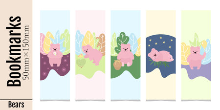 Set of cute kids bookmarks for reading books. Pink kind bear with bushes and leaves. Template of paper book separators. Isolated on a white background.のイラスト素材