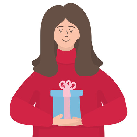 Happy girl in red sweater with blue gift in her hands. Congratulations from woman. Gift for holiday, birthday, promotions, sale.Flat cartoon illustration isolated on white back.のイラスト素材