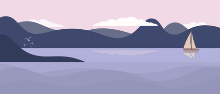 Panorama of the seashore, bay. Sailing on yacht, sailboat in the bay. Misty hills on the horizon.Flat minimalistic illustration in blue-purple colors. Calm water. Travel to the seaのイラスト素材