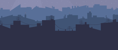Panorama of large night city with roofs of houses, wires, signal lights and stars. Horizontal urban background in minimalist style. Blue-purple color scheme.のイラスト素材