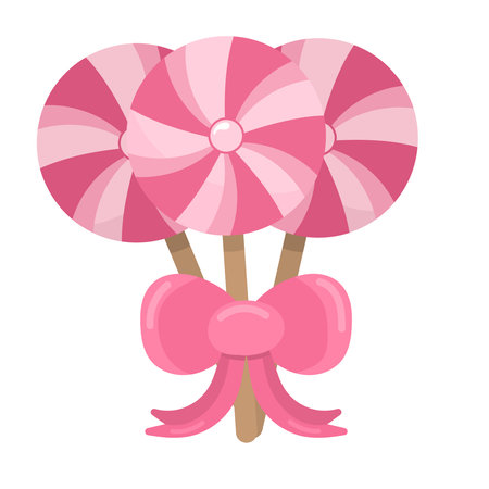 Cute round lollipops. Three pink caramel lollipops with bow. Declaration of love. Gift for February 14th, Valentine's Day. Isolated on white background.のイラスト素材