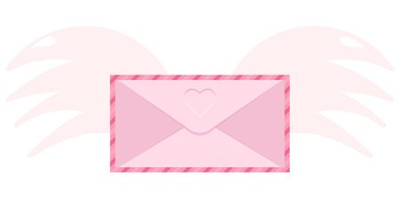Sweet letter about love. Illustration for February 14th, Valentine's Day. Love letter, envelope with wings. Isolated on white background. Congratulations on the holiday.のイラスト素材