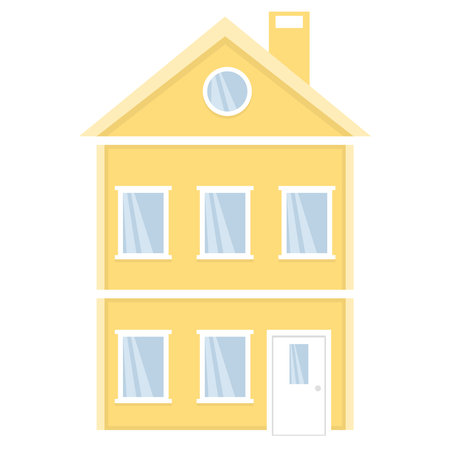 Cute two-storey town house. Brick building with white windows and door. Flat illustration. Yellow cozy house. Isolated on white background.のイラスト素材