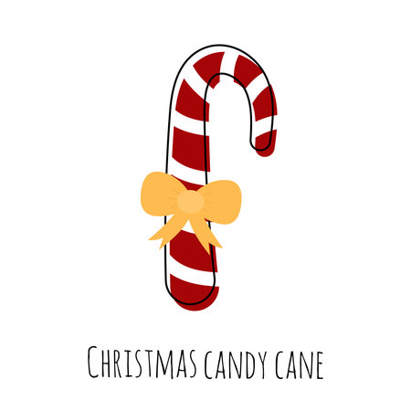 Hand drawn red and white striped colorful Christmas candy cane with yellow bow in flat style. Clip-art isolated on white background. Christmas candy element. Candy for Christmas.のイラスト素材