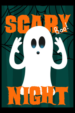 Cute Halloween poster with white ghost on green background. Scary night text. Vertical A4 vector Halloween poster with black spider web. Isolated on black background.のイラスト素材