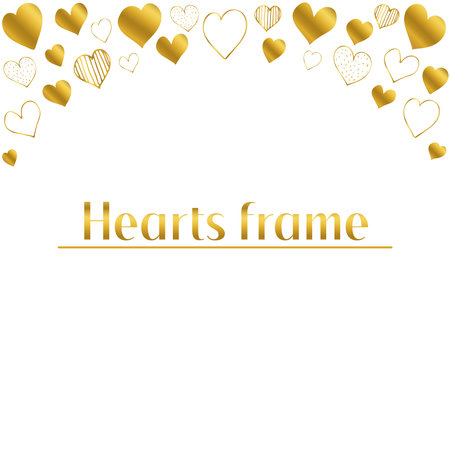 Square up frame of gold gradient hand draw hearts. Decorative kid's heart frame for design of postcards, posters. Love square card design. Isolated on white background.のイラスト素材