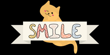 Cute kids ginger cat and Smile decorative lettering. Hand drawing kids illustration. Childish nice elements for print, stickers, design. Scandinavian color palette.のイラスト素材